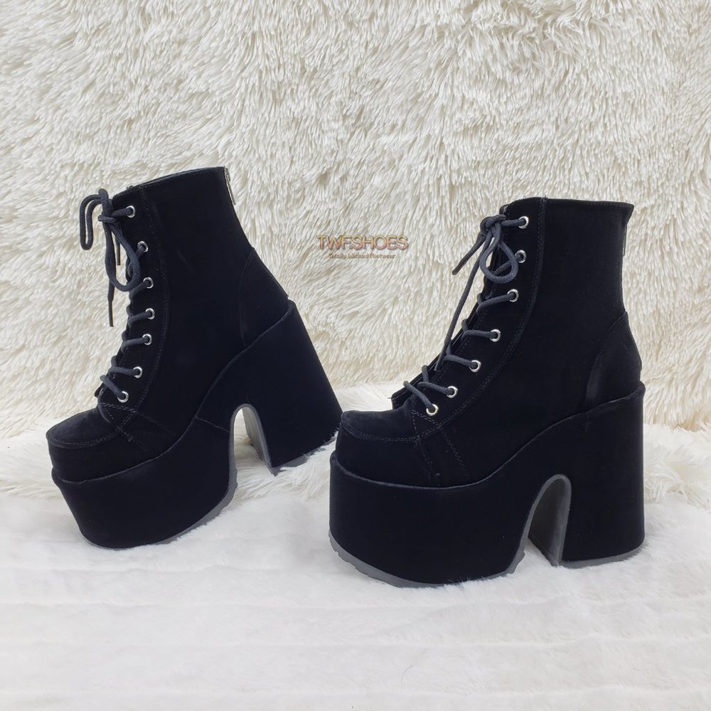 Black Velvet Platform Goth Punk Ankle Boots - Picture 15 of 15